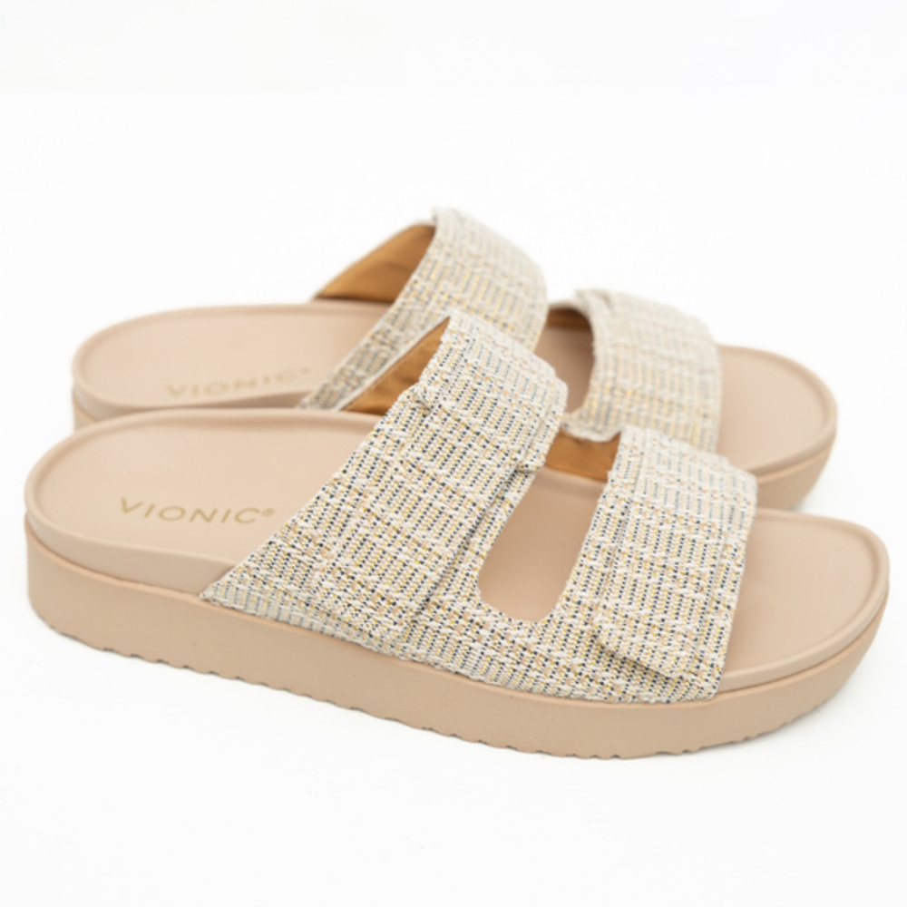 Vionic -  Riviera Canvas Cream Gold Slide Sandals Size‎ 10W